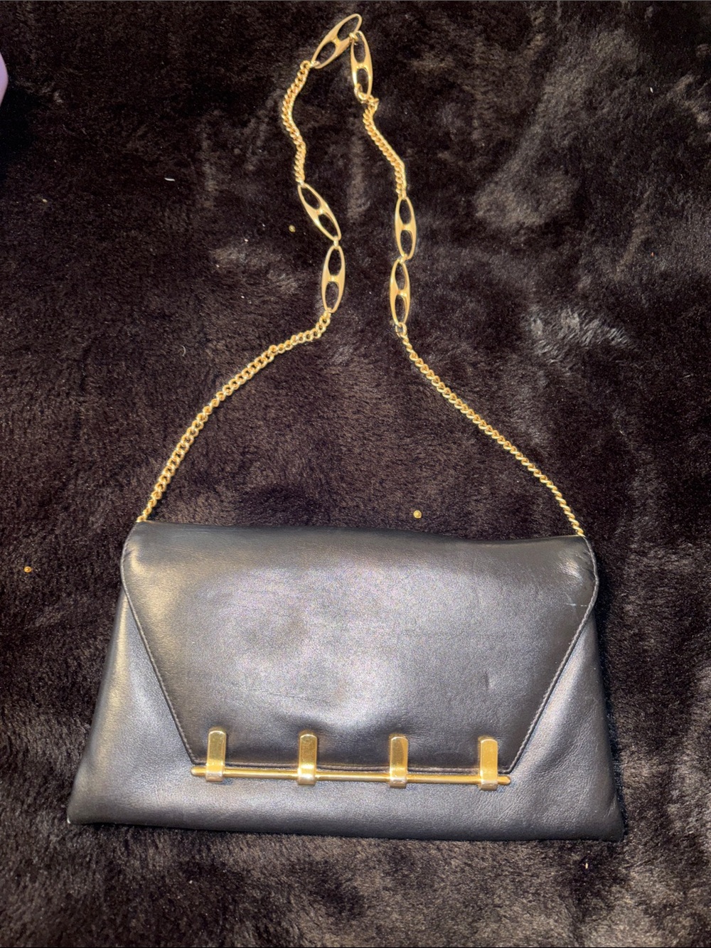 VTG Black Leather Chain Shoulder Bag with Gold Accents